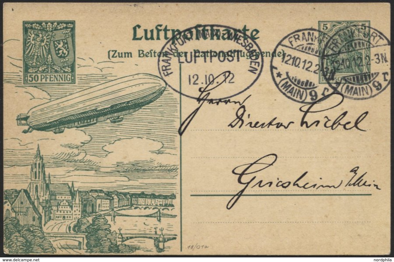 PIONIERFLUGPOST 1909-1914 18/01a BRIEF, 12.10.1912, Frankfurt-Wiesbaden Vom Ersttag, Luftpostkarte Mit 50 Pf. Spenden-Zu - Vliegtuigen