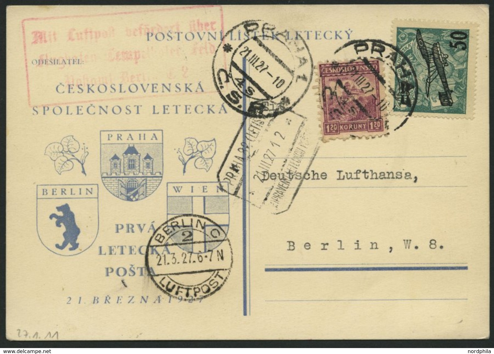 ERST-UND ERÖFFNUNGSFLÜGE 27.1.11 BRIEF, 21.3.1927, Prag-Berlin, Prachtkarte - Zeppelin