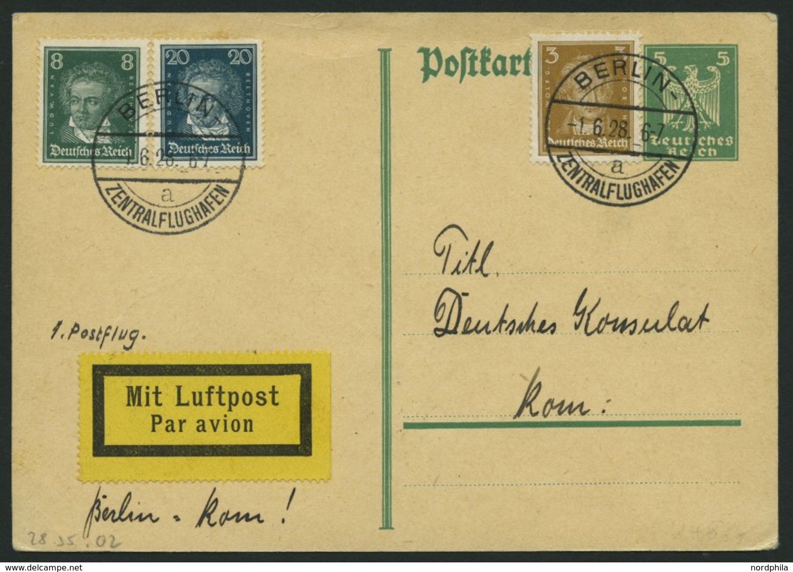 ERST-UND ERÖFFNUNGSFLÜGE 28.35.02 BRIEF, 1.6.1928, Berlin-Rom, Prachtkarte - Zeppelin