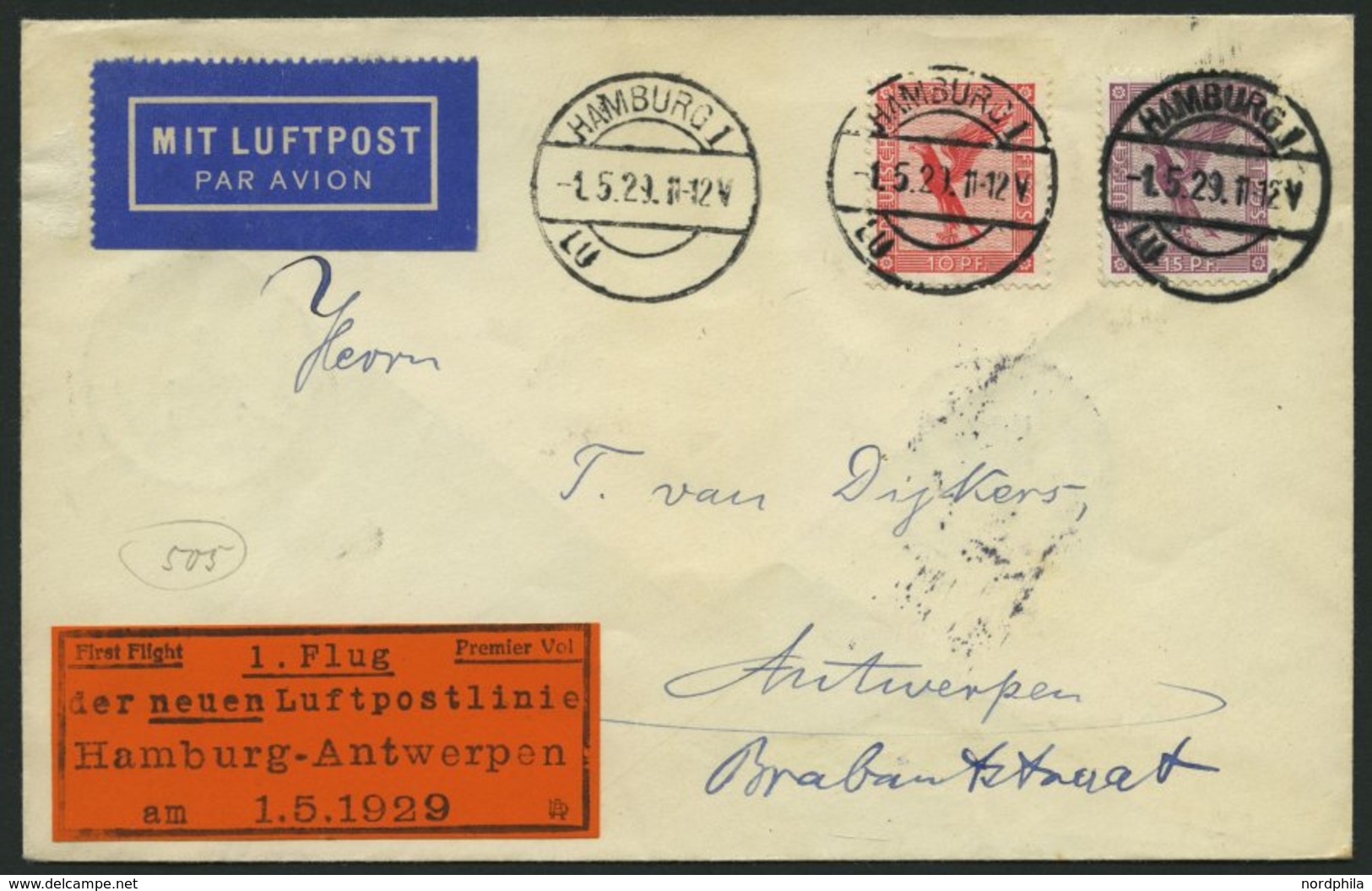 ERST-UND ERÖFFNUNGSFLÜGE 29.5.02 BRIEF, 1.5.1929, Hamburg-Antwerpen, Prachtbrief - Zeppelins