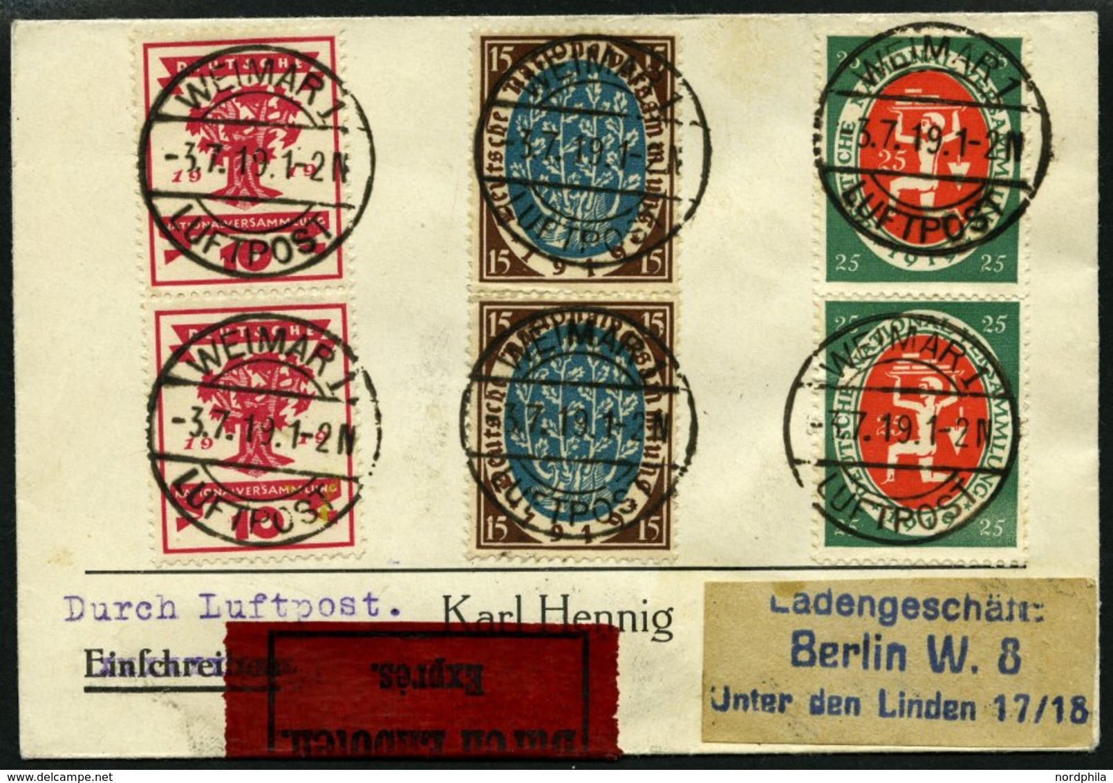 SPÄTERE FLÜGE (SPF) 19.2.03 BRIEF, 3.7.1919, Weimar-Leipzig, Kleiner Eilbrief, Pracht - Avions