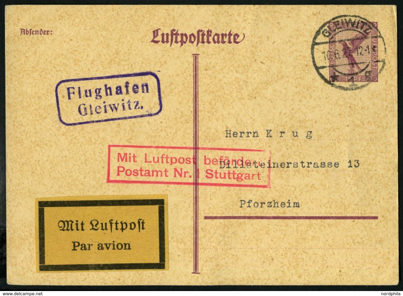 FLUGPLATZ, FLUGHAFENSTPL 27-01b BRIEF, Flughagen Gleiwitz, Violetter R2 Auf 15 Pf. Ganzsachenkarte Nach Pforzheim, Prach - Aerei