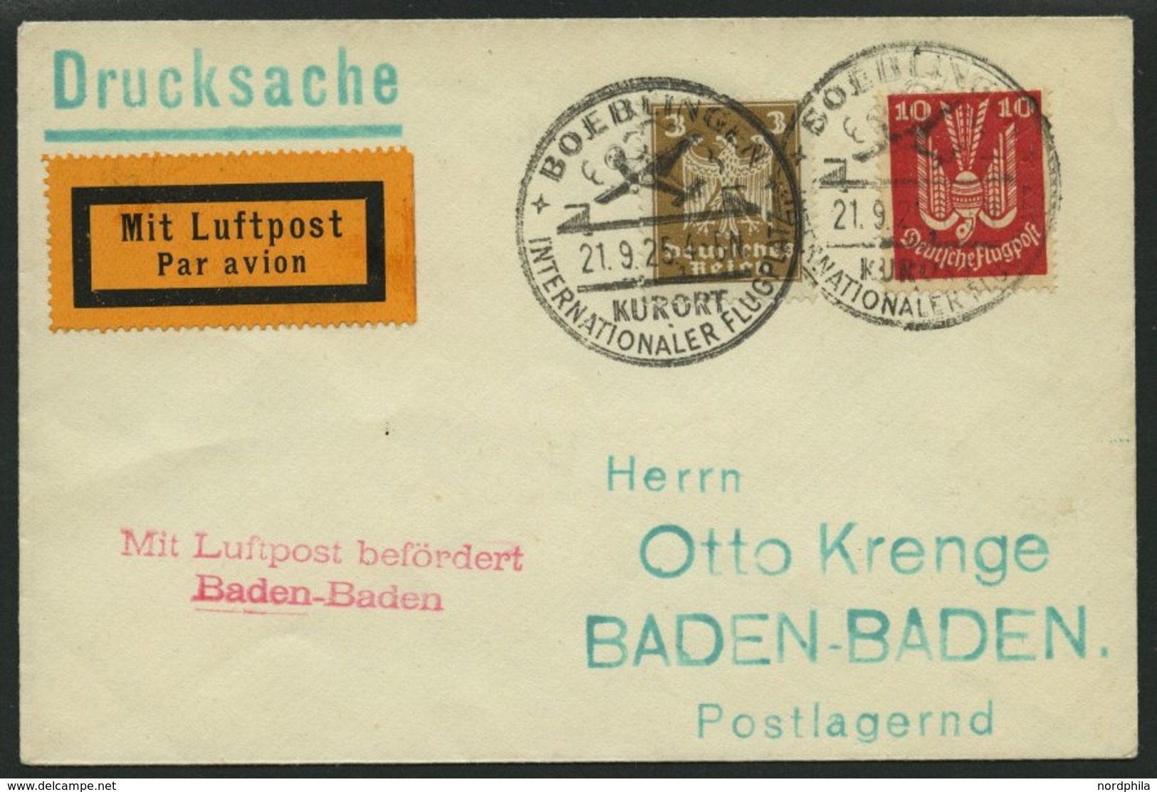 LUFTPOSTBESTÄTIGUNGSSTPL 5-01a BRIEF, BADEN-BADEN, L2 In Rot, Drucksache Von BÖBLINGEN Nach Baden-Baden, Prachtbrief - Correo Aéreo & Zeppelin