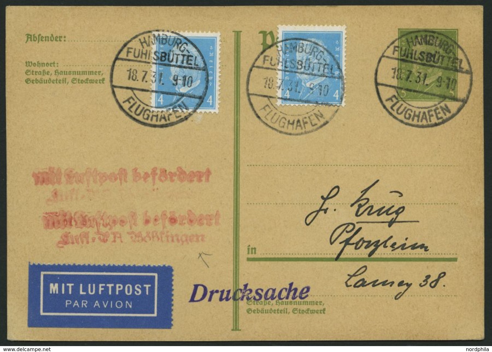 LUFTPOSTBESTÄTIGUNGSSTPL 10-01a BRIEF, BÖBLINGEN In Rot, Drucksache Von HAMBURG FUHLSBÜTTEL Nach Pforzheim, Prachtkarte - Posta Aerea & Zeppelin