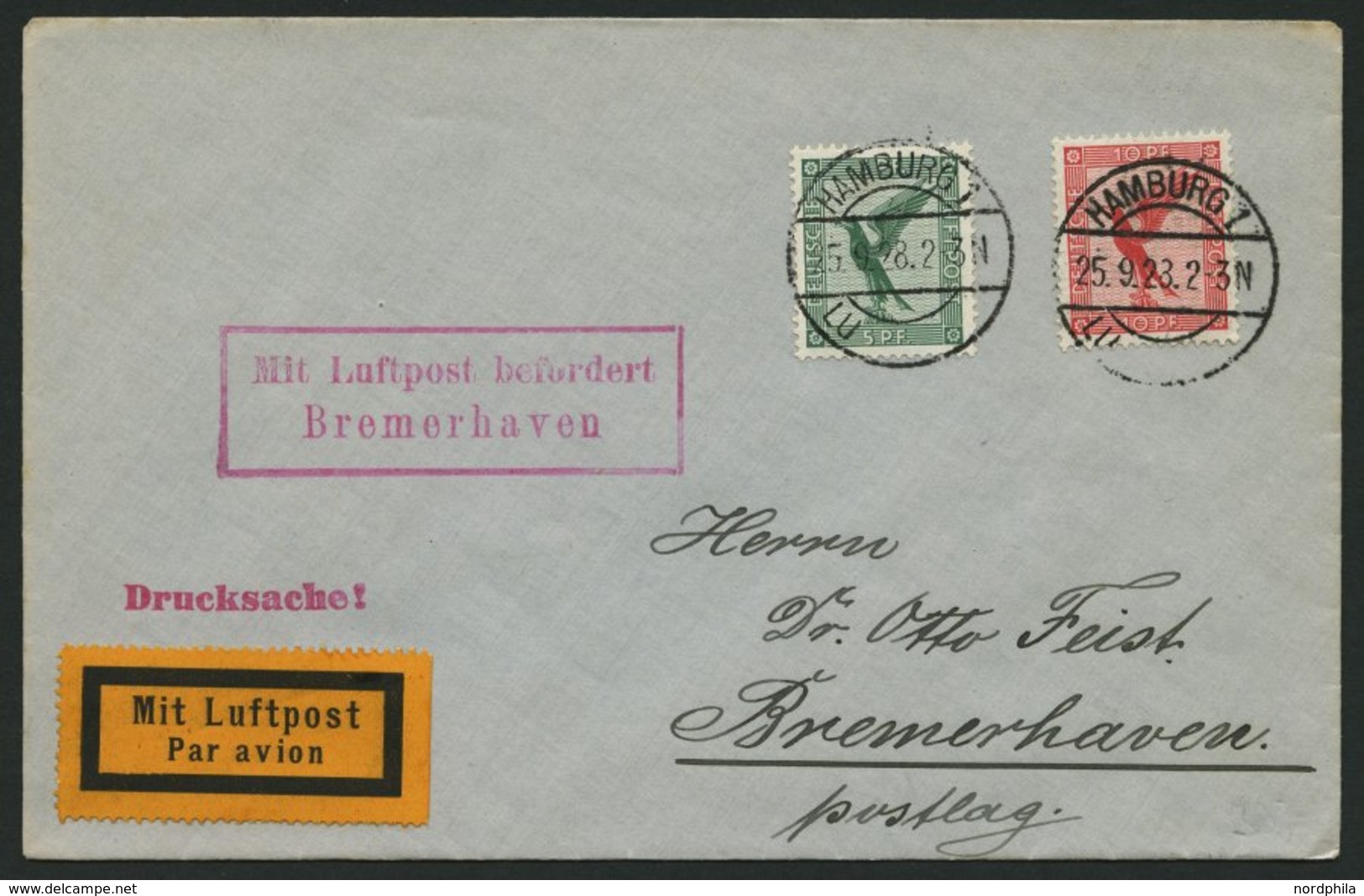 LUFTPOSTBESTÄTIGUNGSSTPL 14-03b BRIEF, BREMERHAVEN, R2 In Rotviolett, Drucksache Von HAMBURG Nach Bremerhaven, Prachtbri - Poste Aérienne & Zeppelin