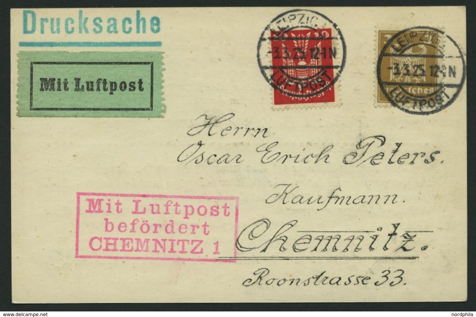 LUFTPOSTBESTÄTIGUNGSSTPL 18-02a BRIEF, CHEMNITZ In Rot, Drucksache Von LEIPZIG Nach Chemnitz, Prachtkarte - Poste Aérienne & Zeppelin