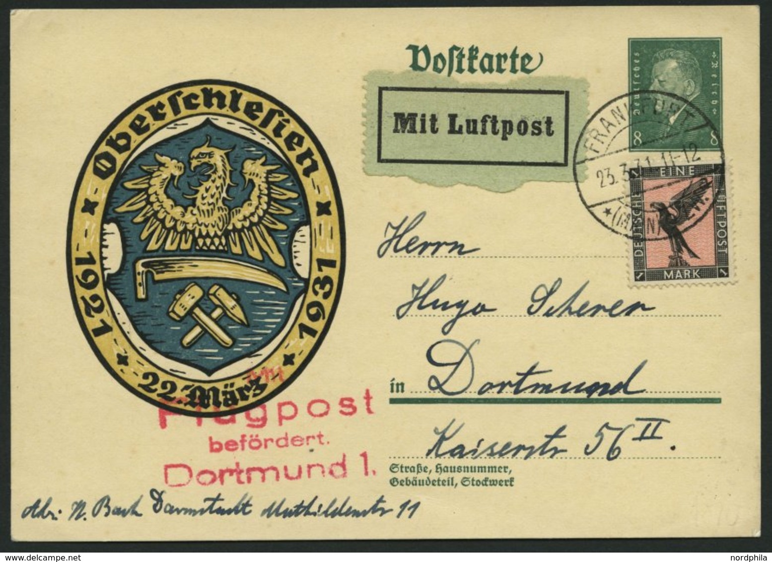 LUFTPOSTBESTÄTIGUNGSSTPL 26-03a BRIEF, DORTMUND, Flugpost, In Rot, Postkarte Von FRANKFURT Nach Dortmund, Pracht - Posta Aerea & Zeppelin