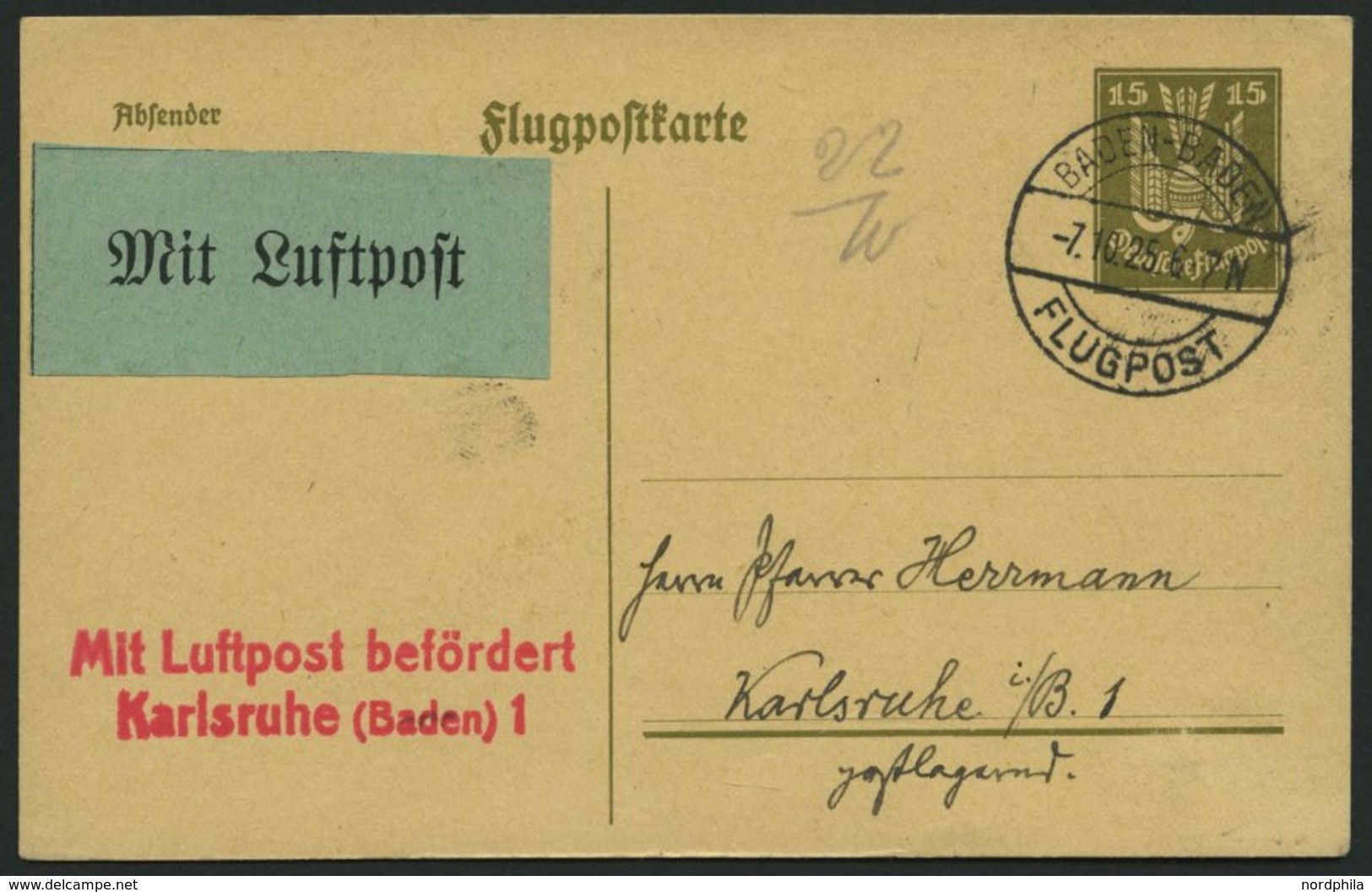 LUFTPOSTBESTÄTIGUNGSSTPL 59-02a BRIEF, KARLSRUHE 1, L2 In Rot, Flugpostkarte Von BADEN-BADEN Nach Karlsruhe, Pracht - Airmail & Zeppelin