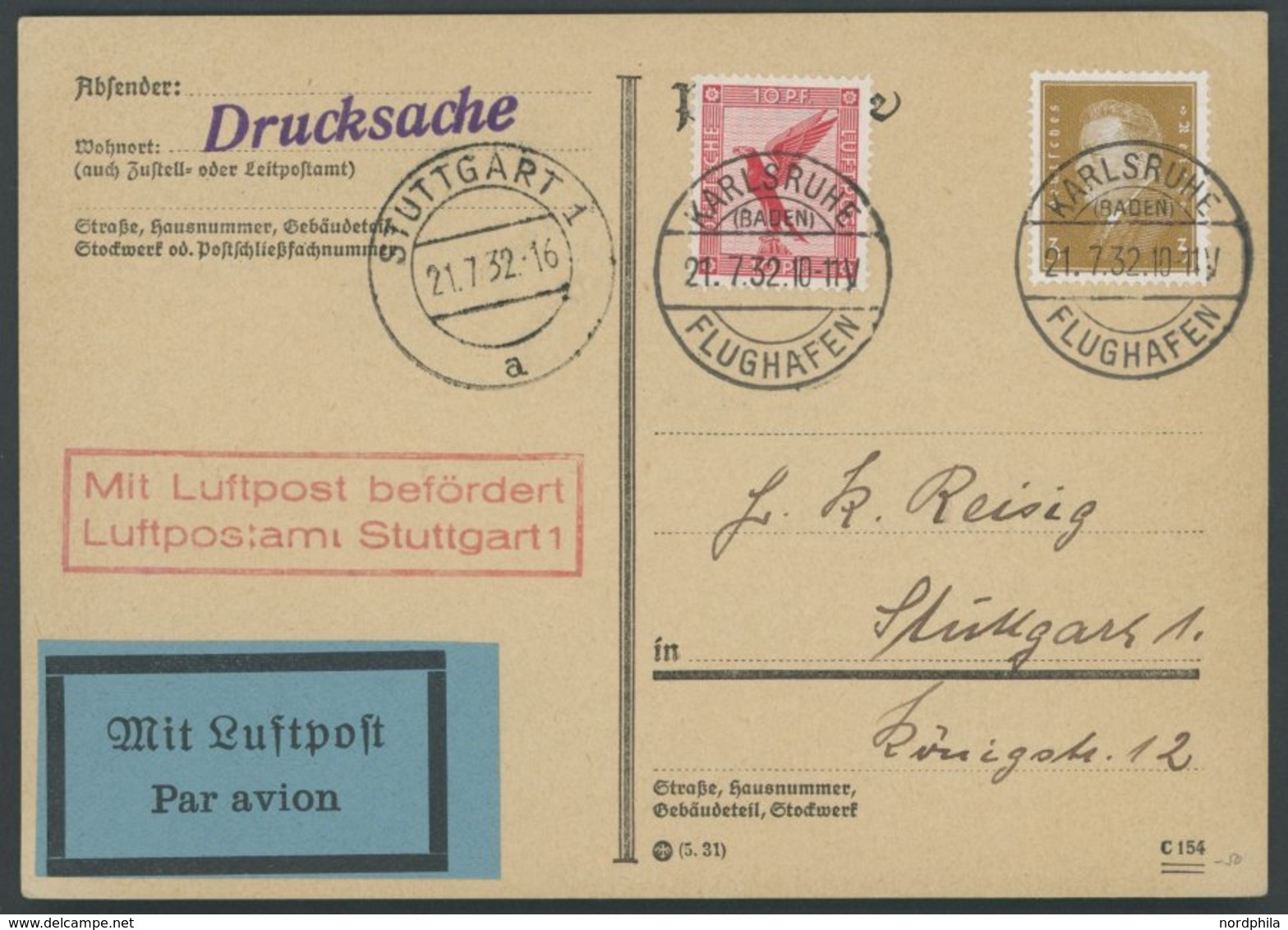 LUFTPOSTBESTÄTIGUNGSSTPL 99-04a BRIEF, STUTTGART, R2 In Rot, Drucksache Von KARLSRUHE Nach Stuttgart, Pracht - Luchtpost & Zeppelin