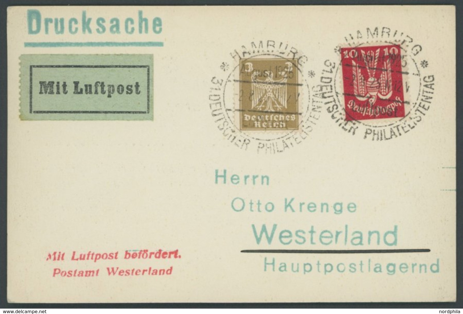 LUFTPOSTBESTÄTIGUNGSSTPL 109-01a BRIEF, WESTERLAND In Rot, Drucksache Von HAMBURG Nach Westerland, Prachtkarte - Luchtpost & Zeppelin