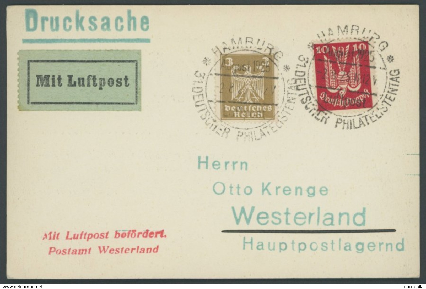 LUFTPOSTBESTÄTIGUNGSSTPL 109-01a BRIEF, WESTERLAND In Rot, Drucksache Von HAMBURG Nach Westerland, Prachtkarte - Posta Aerea & Zeppelin