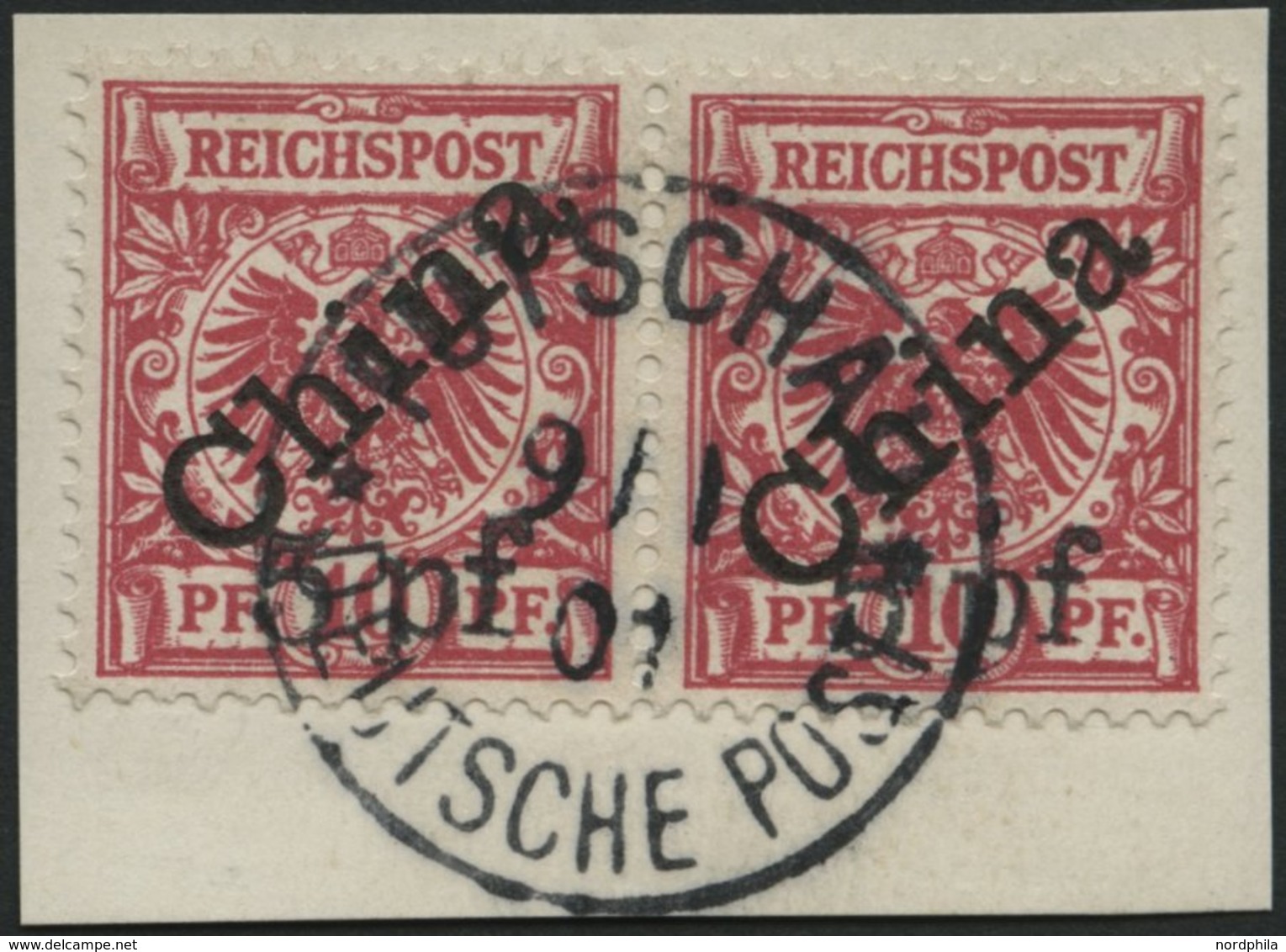 DP CHINA 7IB Paar BrfStk, 1900, 5 Pf. Auf 10 Pf. Diagonaler Aufdruck Im Waagerechten Paar Auf Briefstück, Zentrischer St - China (kantoren)