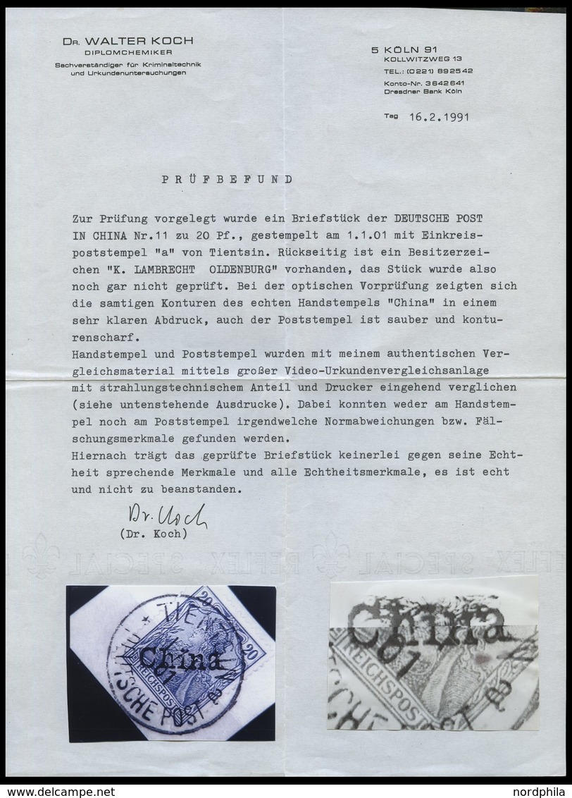DP CHINA 11 BrfStk, 1901, 20 Pf. Handstempelaufdruck, Stempel TIENTSIN 1.1.01. (Sorte II), Kabinettbriefstück, Fotoattes - China (offices)