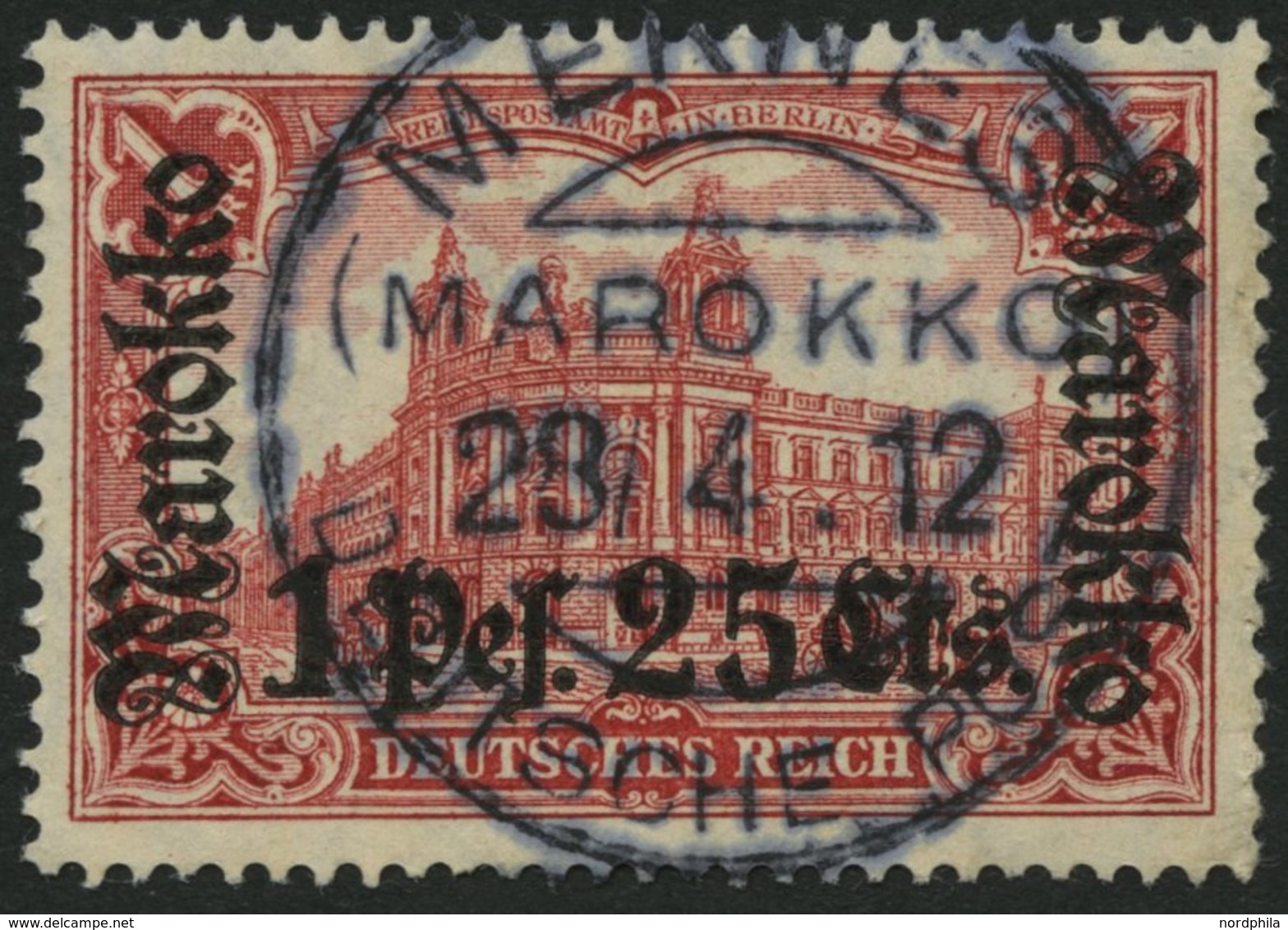 DP IN MAROKKO 55IA O, 1911, 1 P. 25 C. Auf 1 M., Friedensdruck, Zentrischer Stempel MEKNES, Normale Zähnung, Pracht - Maroc (bureaux)