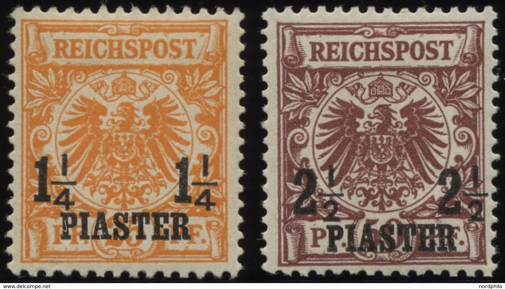 DP TÜRKEI 9b,10d *, 1889, 11/4 PIA. Auf 25 Pf. Gelblichorange Und 21/2 PIA. Auf 50 Pf. Lebhaftrötlichbraun, Falzreste, 2 - Turkse Rijk (kantoren)