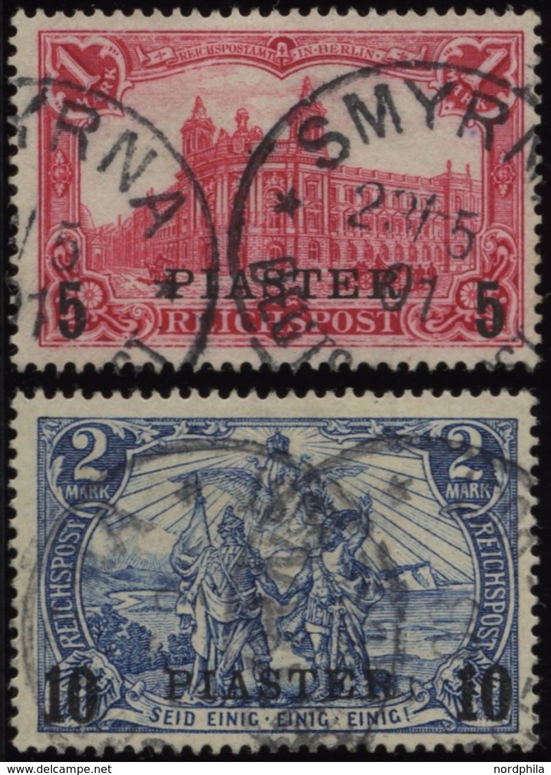 DP TÜRKEI 20/1I O, 1900, 5 PIA. Auf 1 M. Und 10 PIA. Auf 2 M., Type I, 2 Prachtwerte, Mi. 105.- - Turkse Rijk (kantoren)