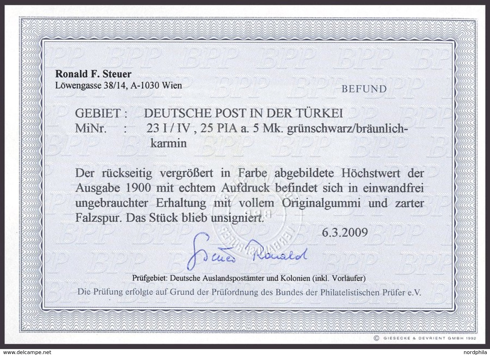 DP TÜRKEI 23I/IV *, 1900, 25 PIA. Auf 5 M., Type I, Nachmalung Nur Mit Deckweiß, Falzrest, Pracht, Fotobefund Steuer, Mi - Turkse Rijk (kantoren)