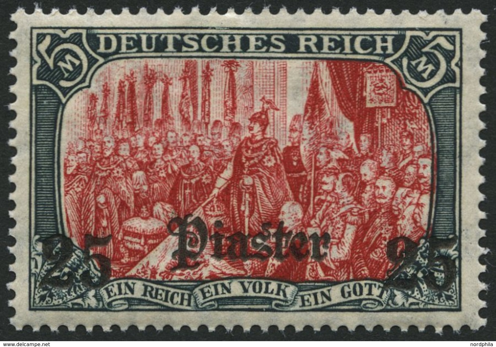 DP TÜRKEI 47b **, 1908, 25 Pia. Auf 5 M., Mit Wz., Karmin Quarzend, Postfrisch, Pracht, Mi. 100.- - Turkey (offices)