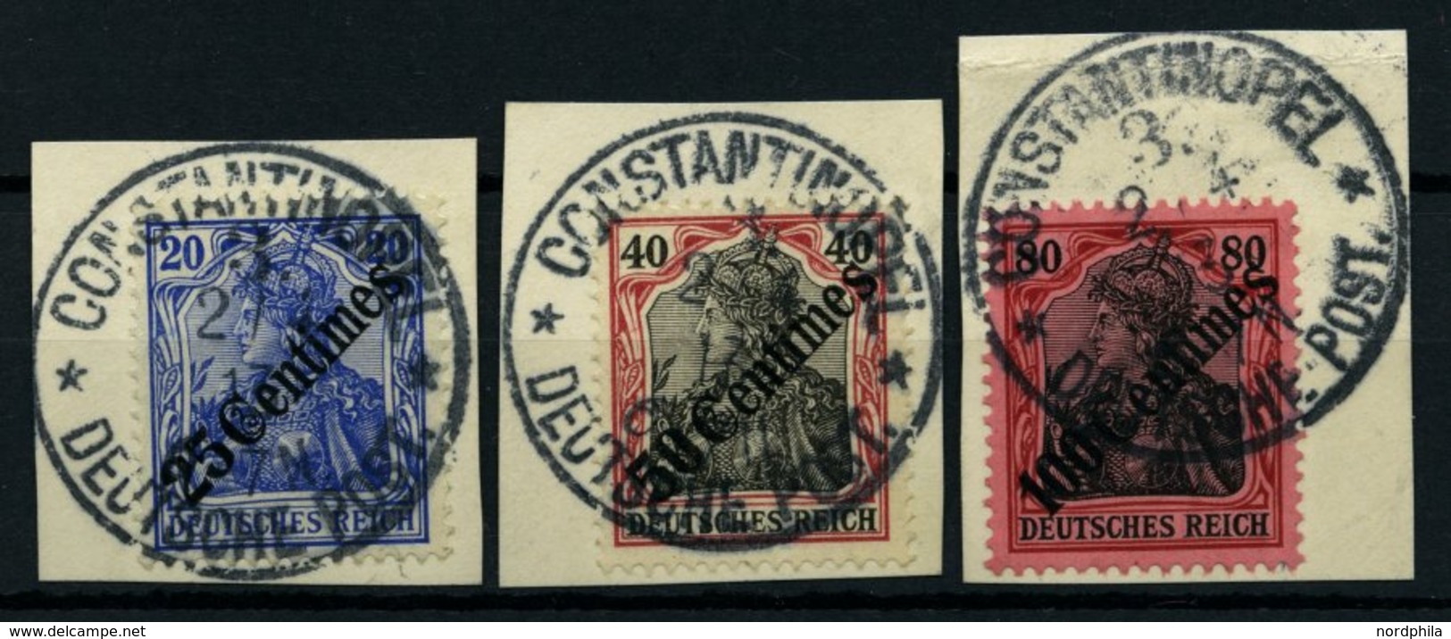 DP TÜRKEI 50-52 BrfStk, 1908, 25 C. Auf 20 - 100 C Auf 80 Diagonaler Aufdruck Mit Stempeln CONSTANTINOPEL 3 **, 3 Pracht - Turchia (uffici)