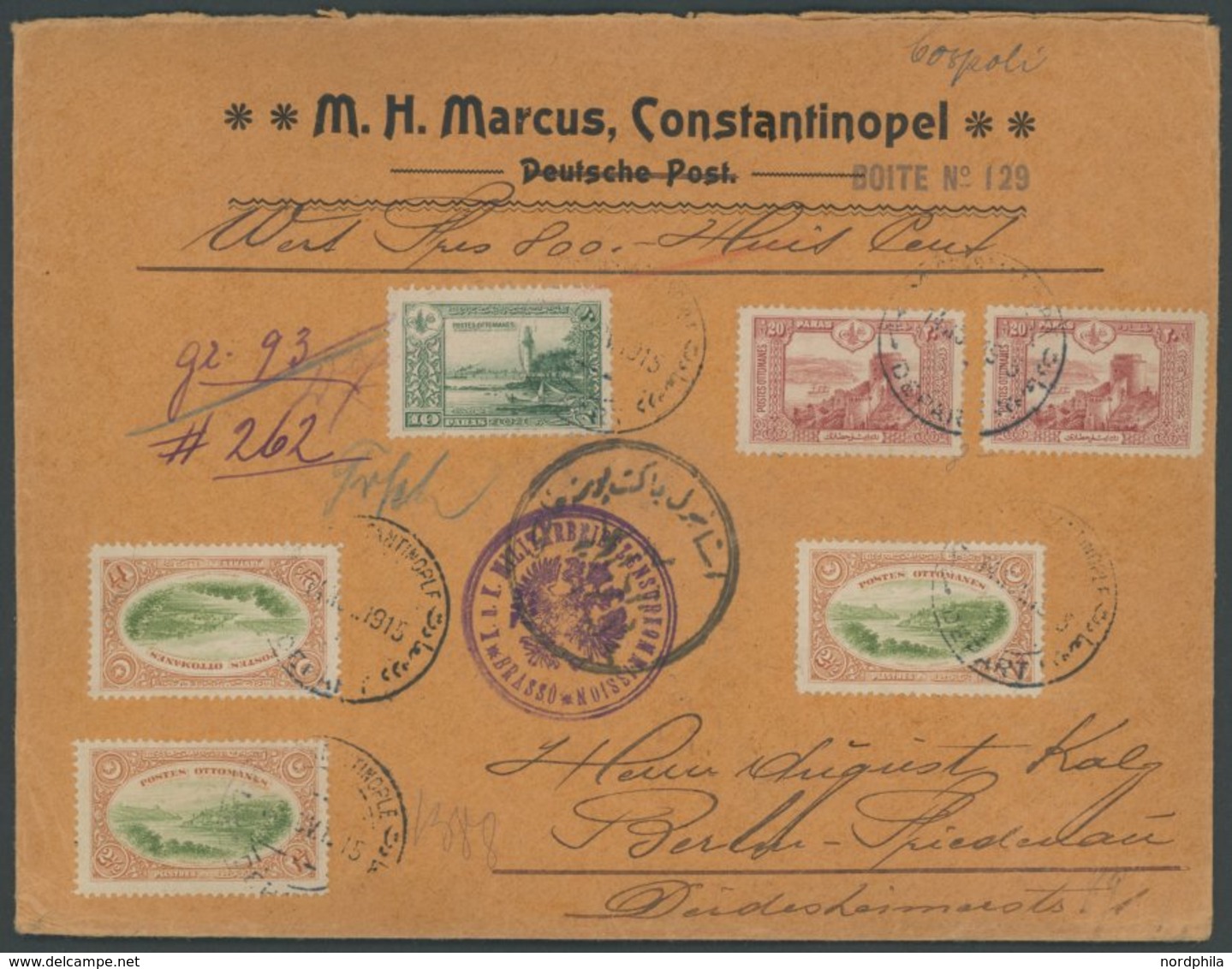 DP TÜRKEI 1915, CONSTANTINOPEL DEPART, Wertbrief über 800 Frs. Mit Buntfrankatur, Stempel K.u.K. Militärbriefe Zensurkom - Turquie (bureaux)