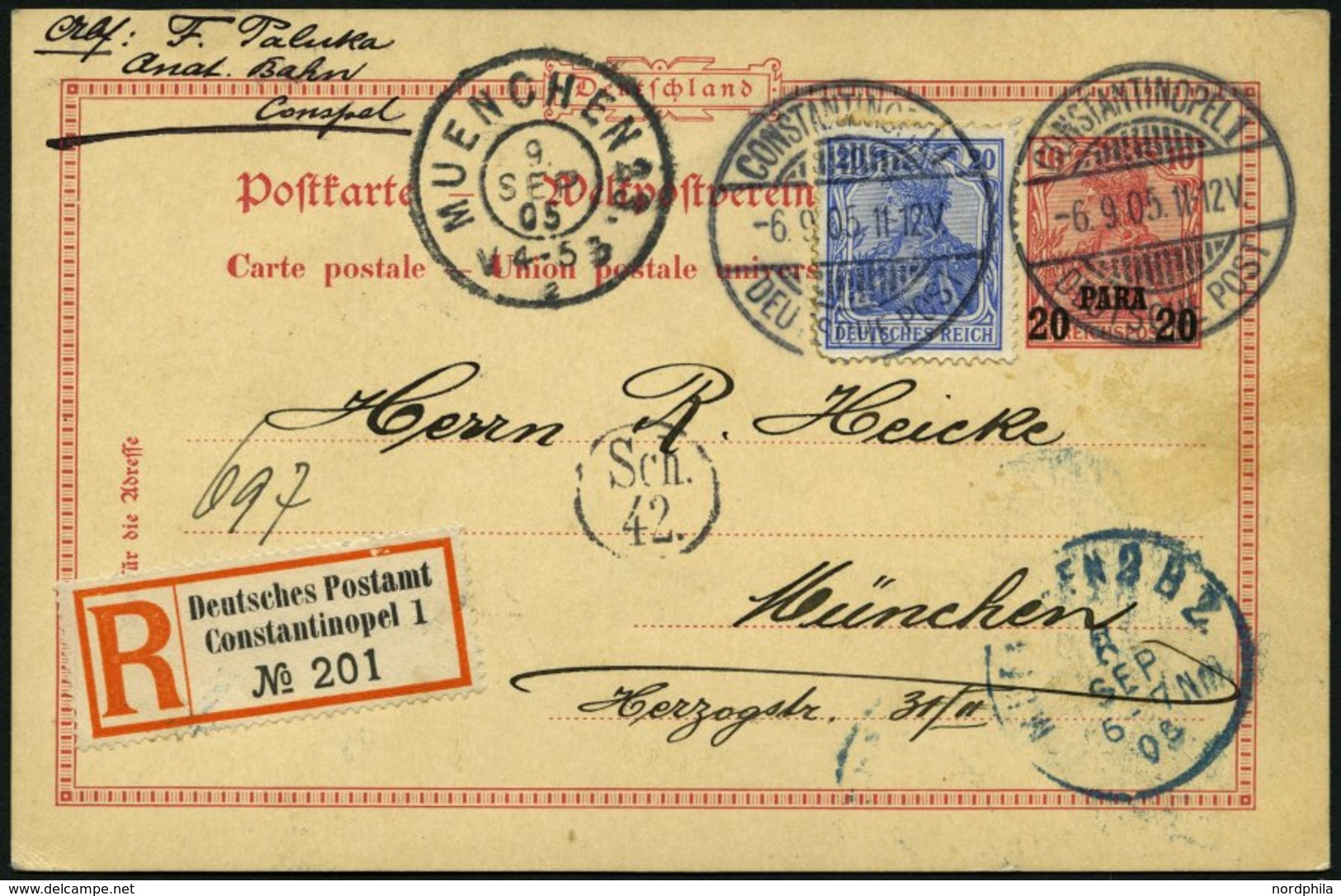 DP TÜRKEI P 7 BRIEF, 1905, 20 PARA Auf 10 Pf. Reichspost Auf Einschreibkarte Von CONSTANTINOPEL Nach München, Pracht - Turquie (bureaux)