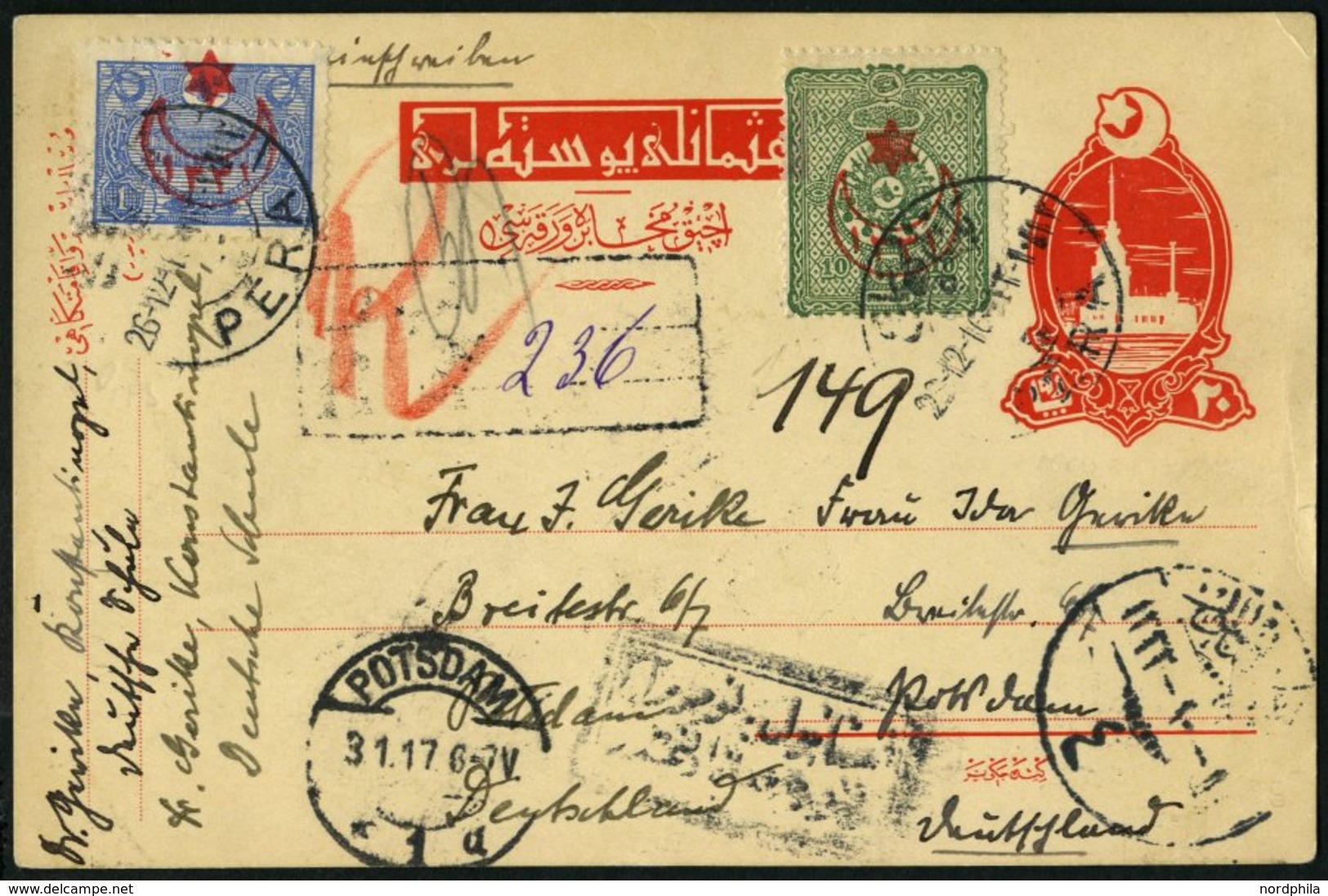 DP TÜRKEI 1916, Einschreibpostkarte Von PERA Nach Potsdam Mit Türkischer Frankatur, Pracht - Turkse Rijk (kantoren)