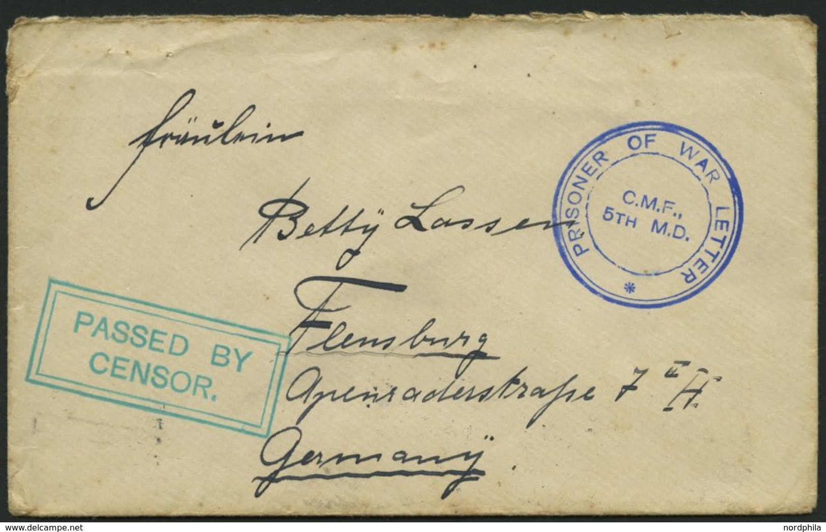 DEUTSCH-NEUGUINEA 1915, Brief Aus Dem Lager ROTTNEST ISLAND Nach Flensburg Mit Blauem K3 PRISONER OF WAR LETTER C.M.F. 5 - German New Guinea