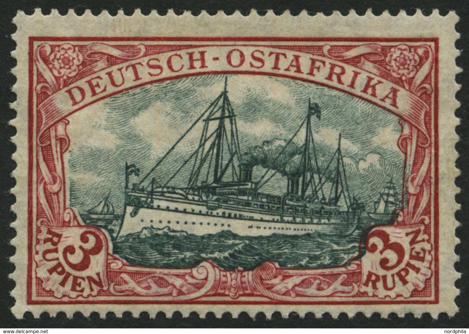 DEUTSCH-OSTAFRIKA 39IIAd *, 1919, 3 R. Schwärzlichkarminrot/grünschwarz, Mit Wz., Kriegsdruck, Gezähnt A, Falzrest, Prac - Afrique Orientale