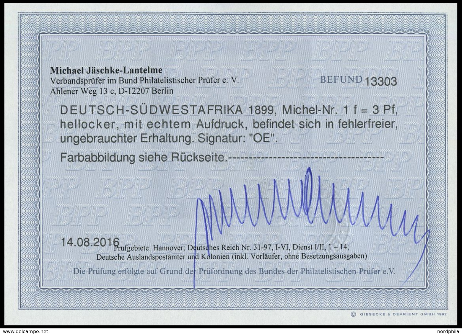 DSWA 1f *, 1897, 3 Pf. Hellocker, Falzrest, Pracht, Fotobefund Jäschke-L., Mi. 350.- - Duits-Zuidwest-Afrika