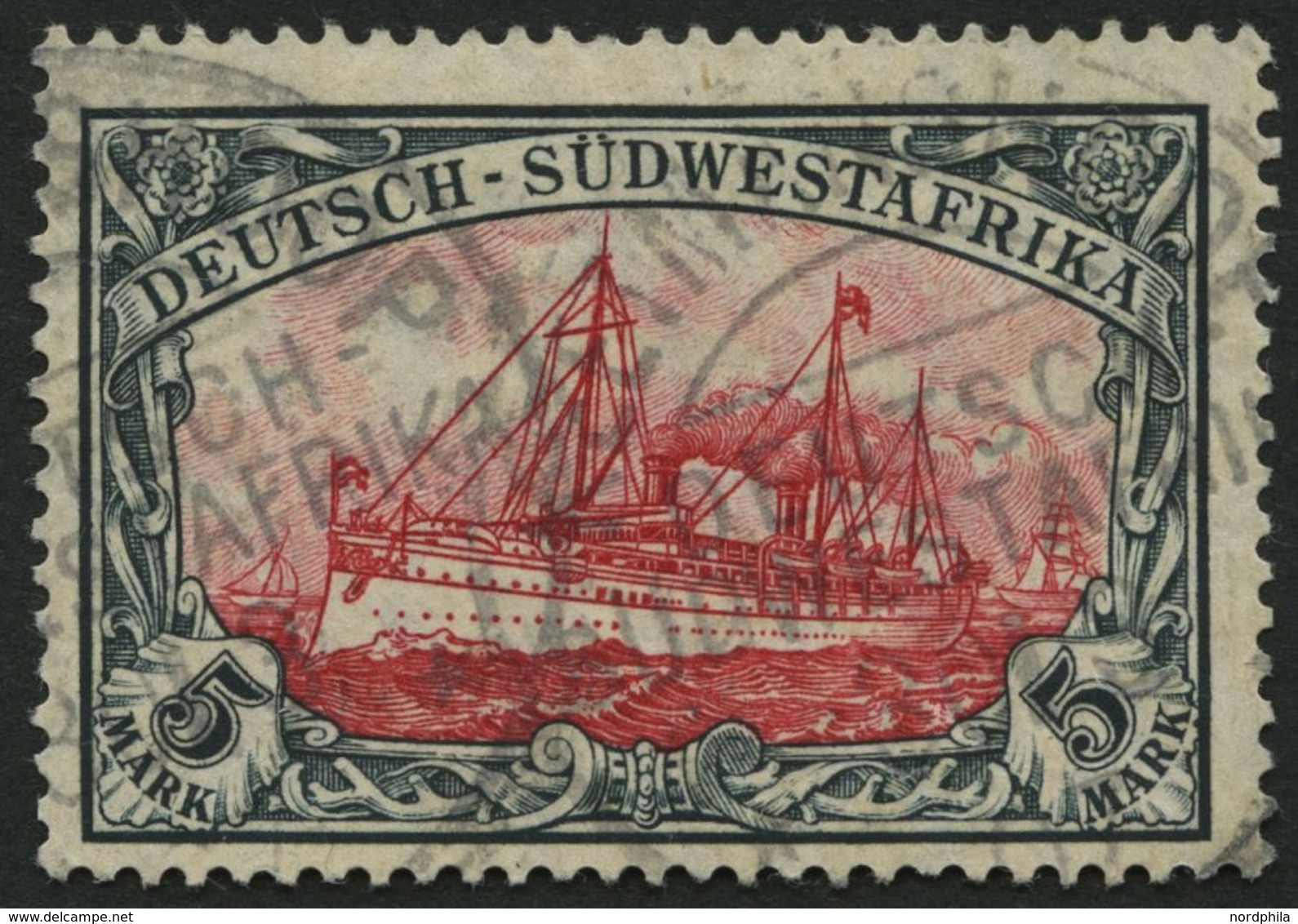 DSWA 32Aa O, 1906, 5 M. Grünschwarz/dunkelkarmin, Mit Wz., Gelblichrot Quarzend, Kleine Randkerbe Sonst Pracht, Gepr. Jä - Duits-Zuidwest-Afrika