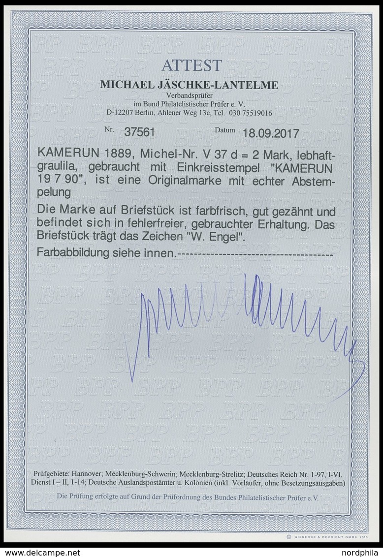 KAMERUN V 37d BrfStk, 1890, 2 M. Lebhaftgraulila, Stempel KAMERUN Auf Leinenbriefstück, Pracht, Gepr. W. Engel - Camerún