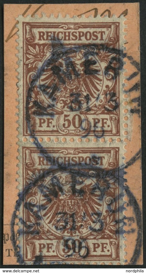 KAMERUN V 50d Paar BrfStk, 1896, 50 Pf. Lebhaftrötlichbraun Im Senkrechten Paar Auf Postabschnitt, Stempel KAMERUN, Prac - Camerún