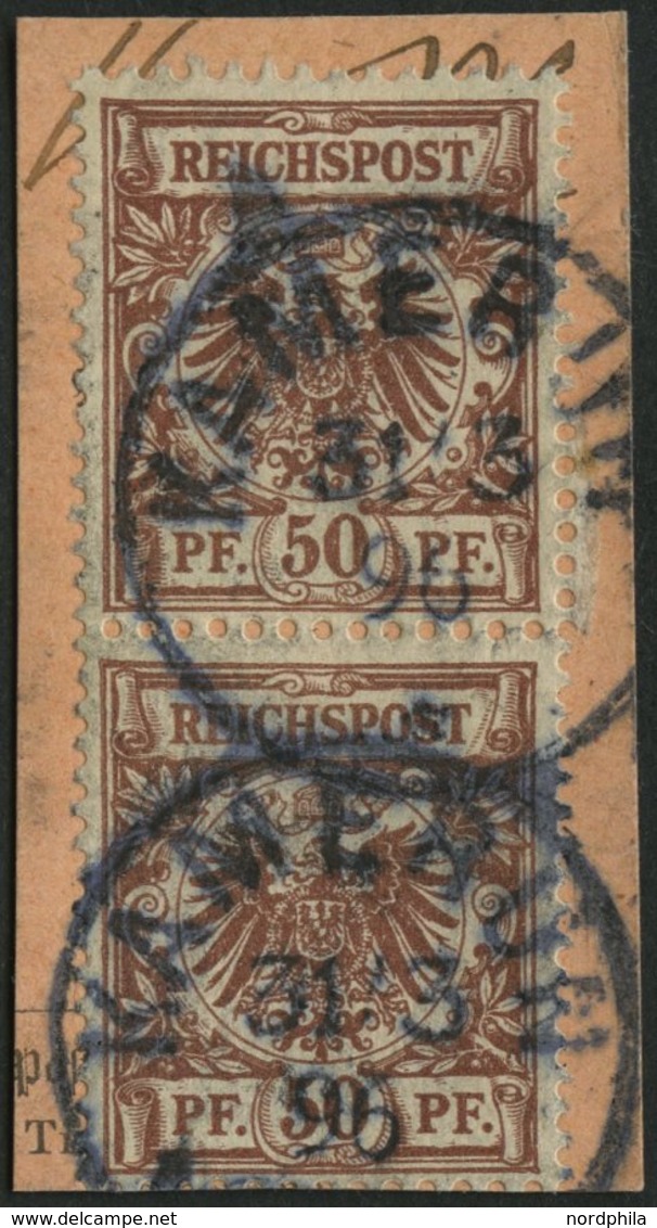 KAMERUN V 50d Paar BrfStk, 1896, 50 Pf. Lebhaftrötlichbraun Im Senkrechten Paar Auf Postabschnitt, Stempel KAMERUN, Prac - Cameroun