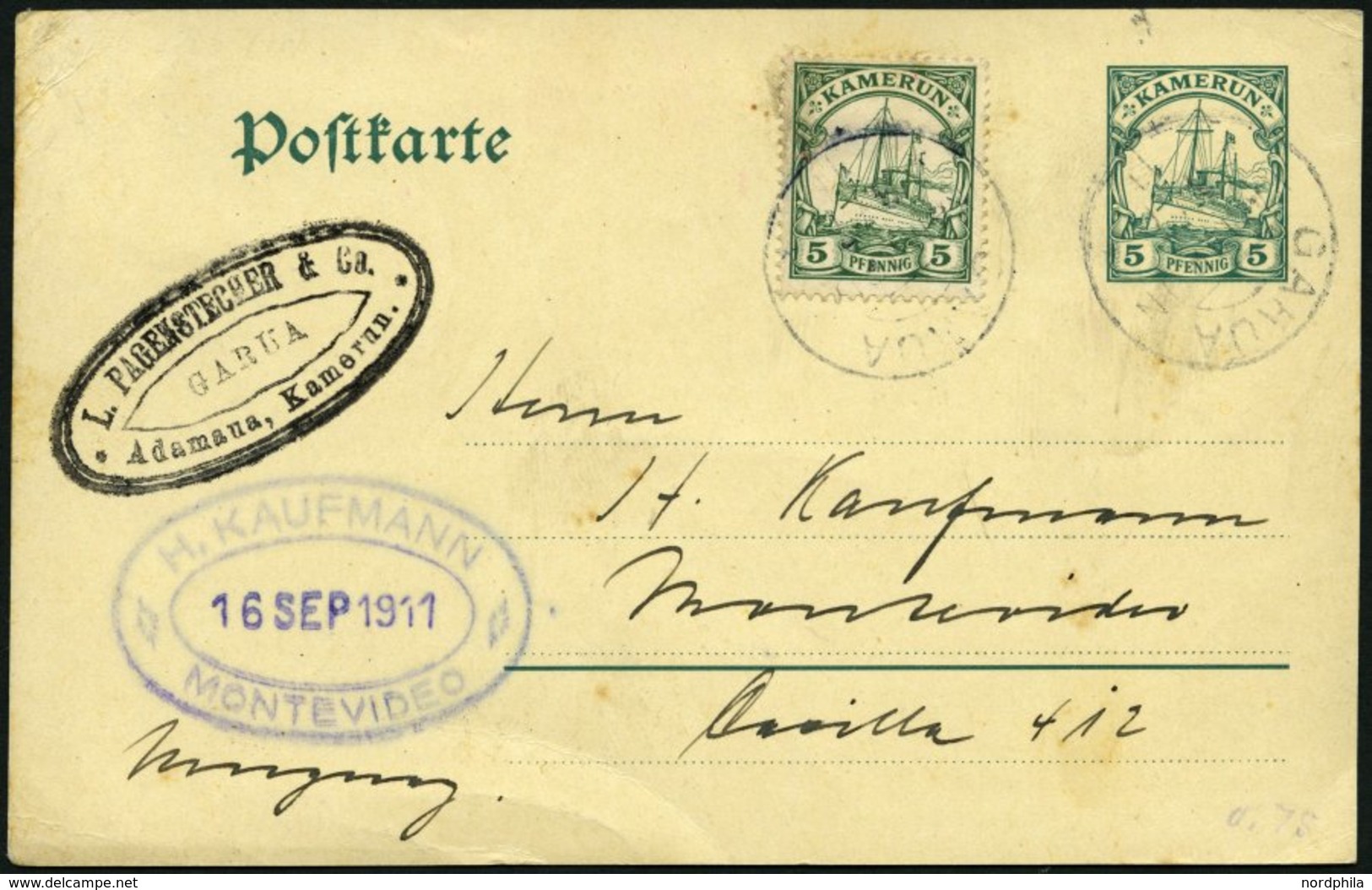 KAMERUN 21I,P 15 BRIEF, GARUA, 11.7.11, Mit 5 Pf. Grün, Mit Wz. Auf 5 Pf.-Ganzsachenkarte Von ADAMAUA Nach Montevideo, R - Camerun