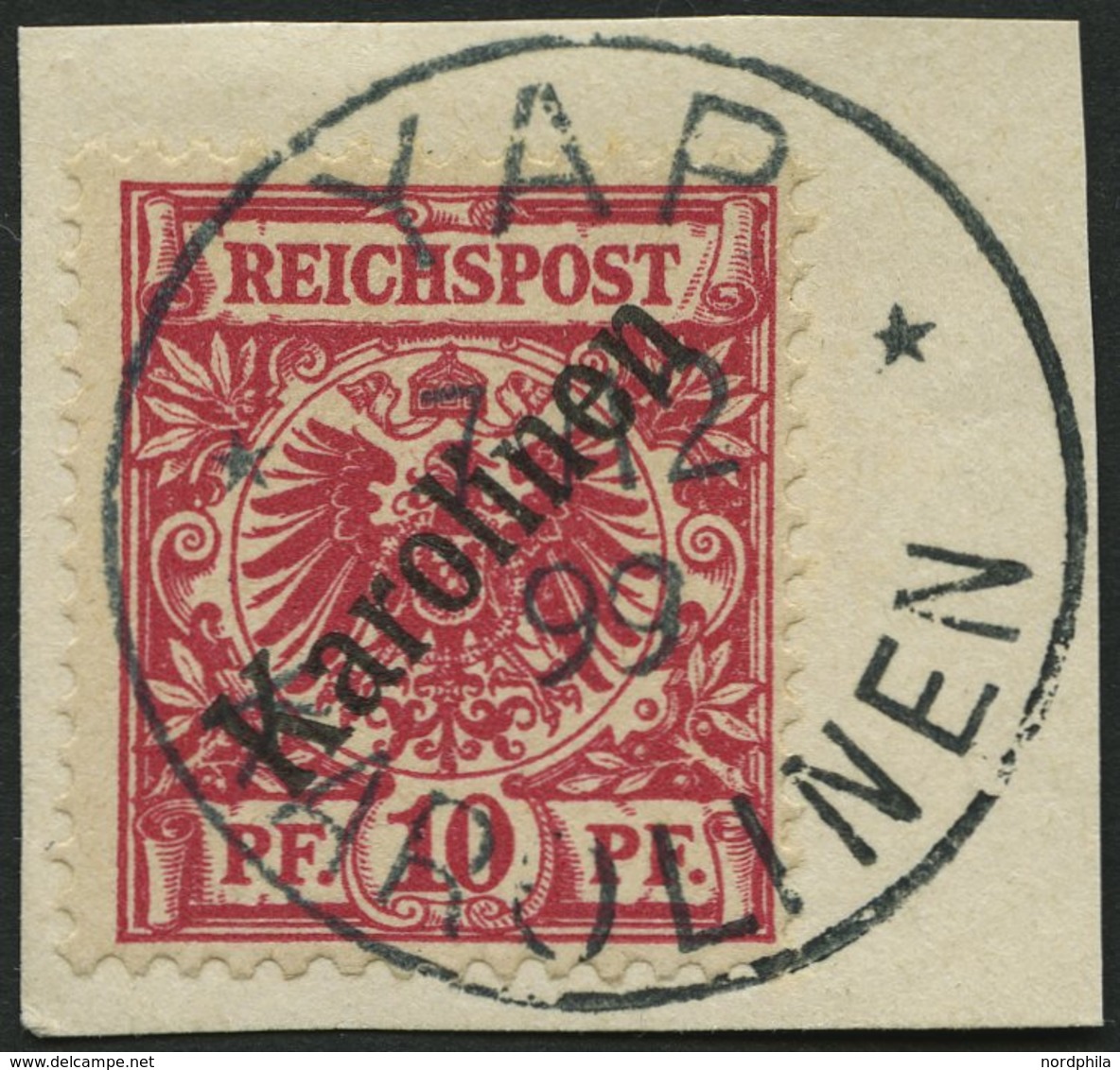 KAROLINEN 3I BrfStk, 1899, 10 Pf. Diagonaler Aufdruck, Stempel YAP, Prachtbriefstück, Mi. (160.-) - Carolinen