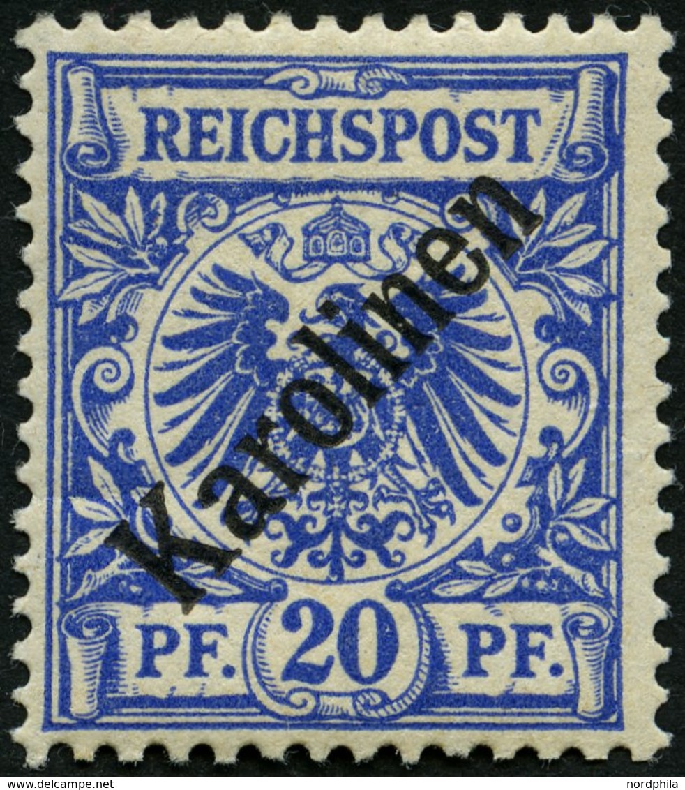 KAROLINEN 4I *, 1899, 20 Pf. Diagonaler Aufdruck, Falzreste, Pracht, Gepr. Steuer, Mi. 75.- - Islas Carolinas