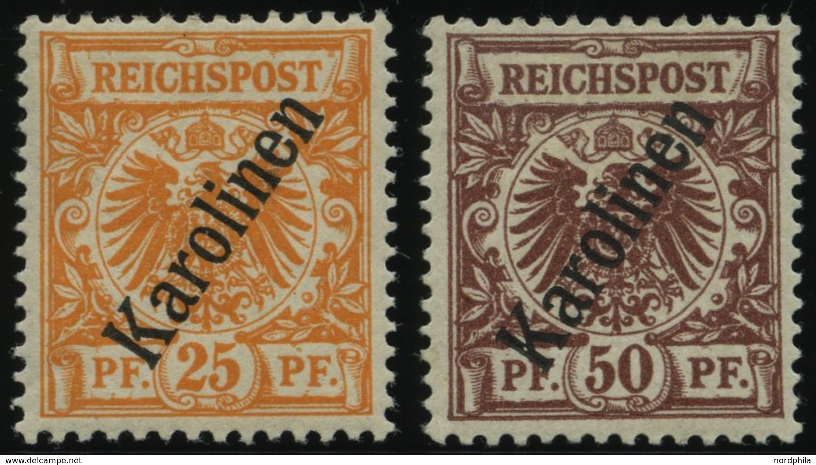 KAROLINEN 5a,6II *, 1900, 25 Und 50 Pf. Steiler Aufdruck, Falzreste, 2 Prachtwerte, Mi. 120.- - Carolines