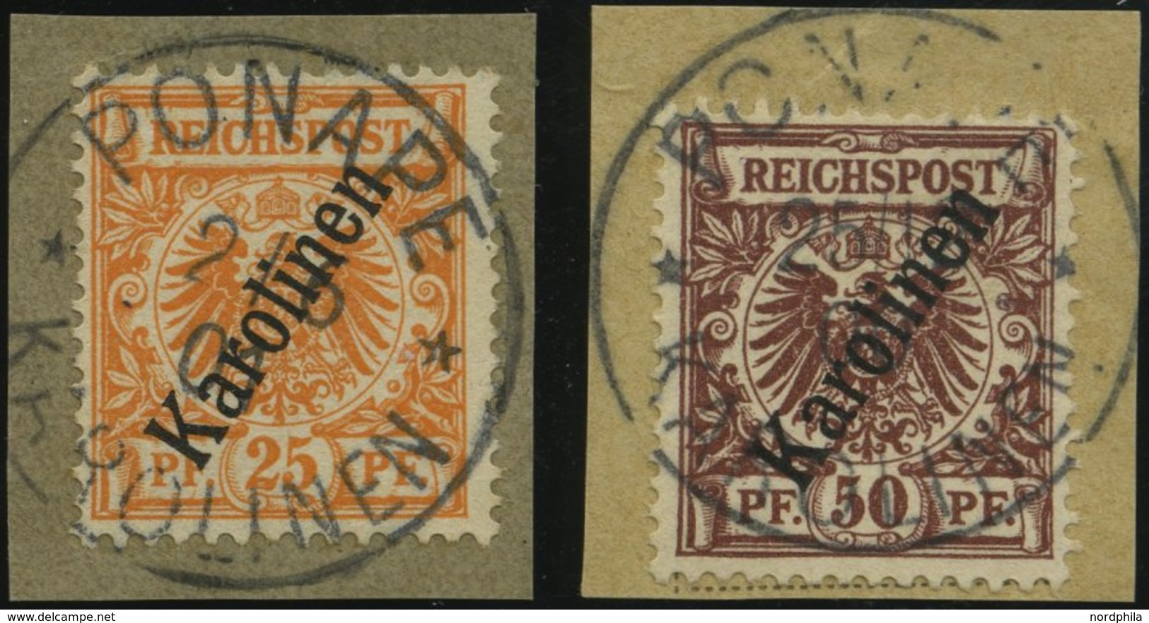 KAROLINEN 5a,6II BrfStk, 1900, 25 Und 50 Pf. Steiler Aufdruck, 2 Prachtbriefstücke, Gepr. W. Engel, Mi. (140.-) - Carolines