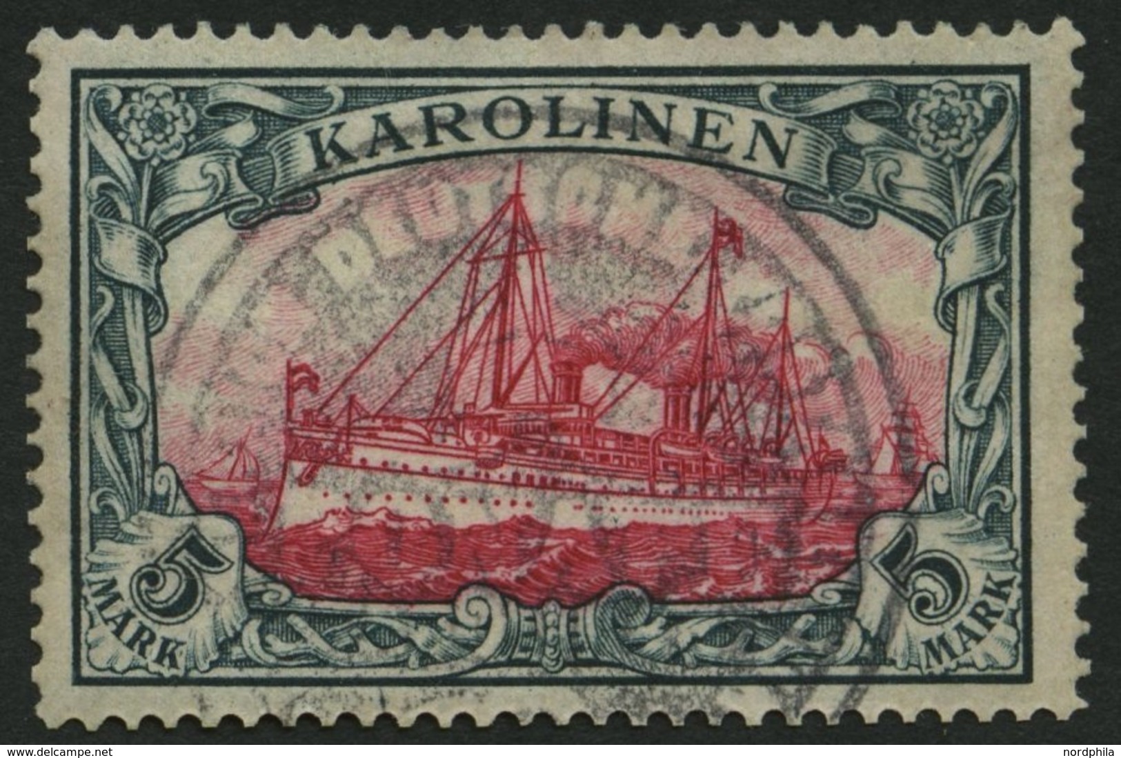 KAROLINEN 19 O, 1900, 5 M. Grünschwarz/dunkelkarmin, Ohne Wz., Mit Dienstsiegel PONAPE, Pracht, Fotobefund Steuer, Mi. ( - Carolinen