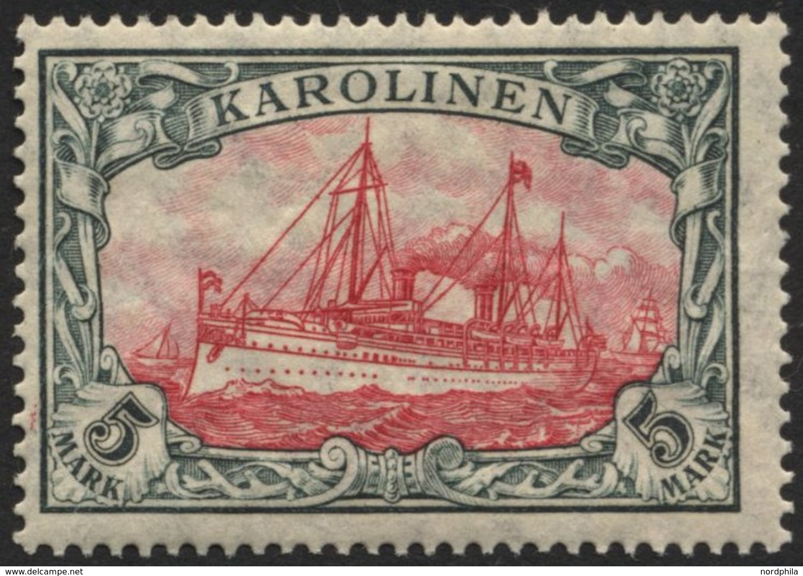 KAROLINEN 22IA *, 1915, 5 M. Grünschwarz/dunkelkarmin, Mit Wz., Friedensdruck, Falzrest, Pracht, Gepr. Jäschke-L., Mi. 2 - Carolines