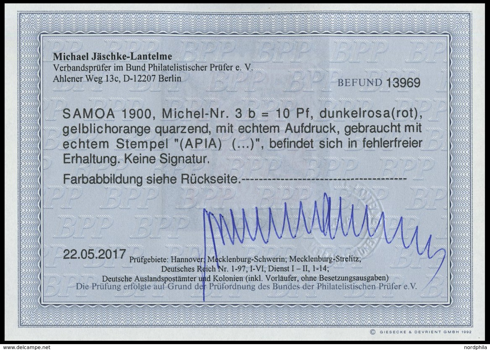 SAMOA 3b O, 1900, 10 Pf. Dunkelrosa, Pracht, Fotobefund Jäschke-L., Mi. 250.- - Samoa