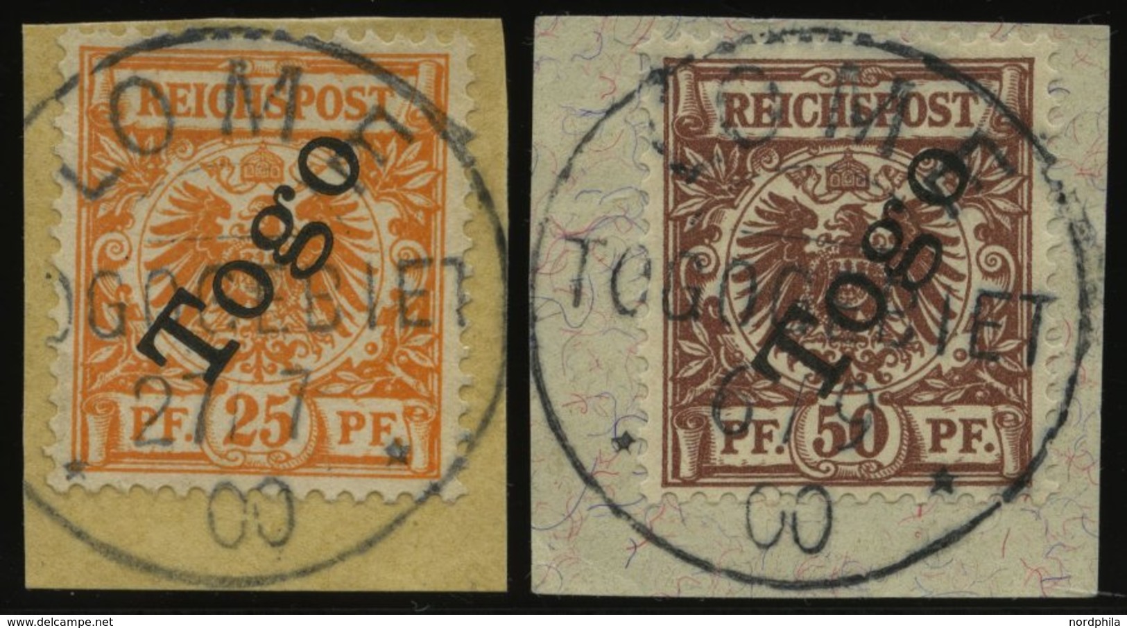 TOGO 5a,6 BrfStk, 1900, 25 Pf. Gelblichorange Und 50 Pf. Lebhaftrötlichbraun, 2 Prachtbriefstücke, Mi. (140.-) - Togo