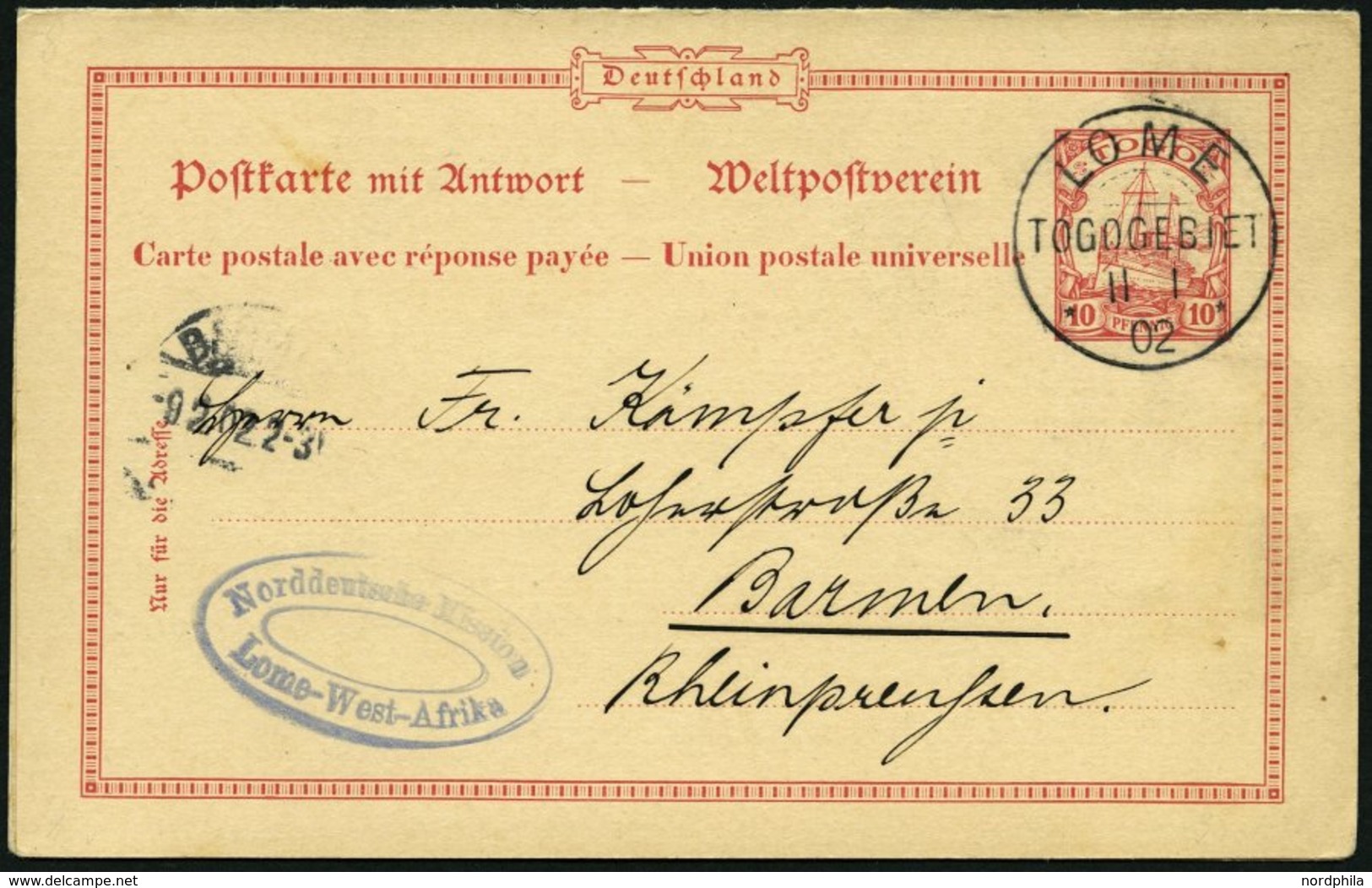 TOGO P 12 BRIEF, 1902, 10/10 Pf. Karmin, Ohne Kontrollzeichen, Von Amdschowe (Postamt Erst 1914 Vorgesehen) Nach Barmen, - Togo