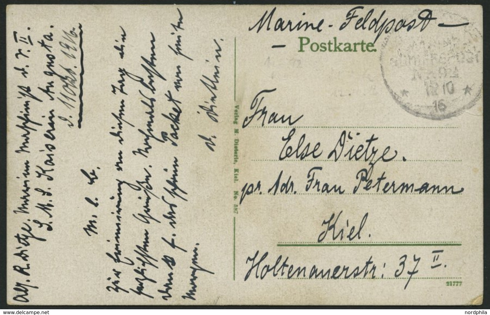 MSP VON 1914 - 1918 92 (Großer Kreuzer KAISERIN AUGUSTA), 11.10.1916, Feldpost-Ansichtskarte Von Bord Der Kaiserin Augus - Maritiem