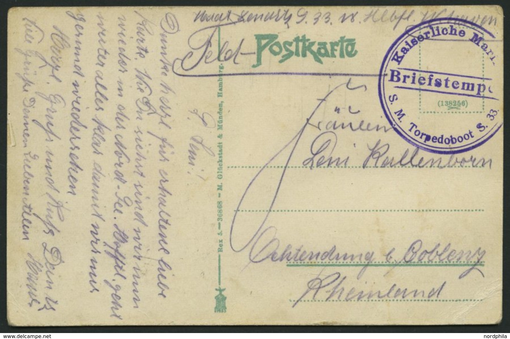 MSP VON 1914 - 1918 (Torpedoboot S 33), Frühjahr 1915, Violetter Briefstempel, Feldpost- Ansichtskarte Von Bord Der S 33 - Maritiem