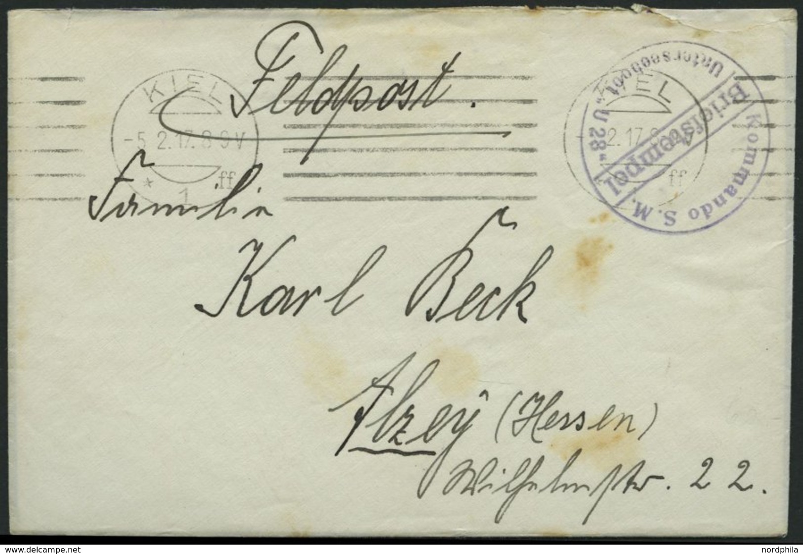 MSP VON 1914 - 1918 (II. Unterseeboots-Halbflottille), 5.2.1917, Violetter Briefstempel, Feldpostbrief Von Bord Des U-Bo - Maritime