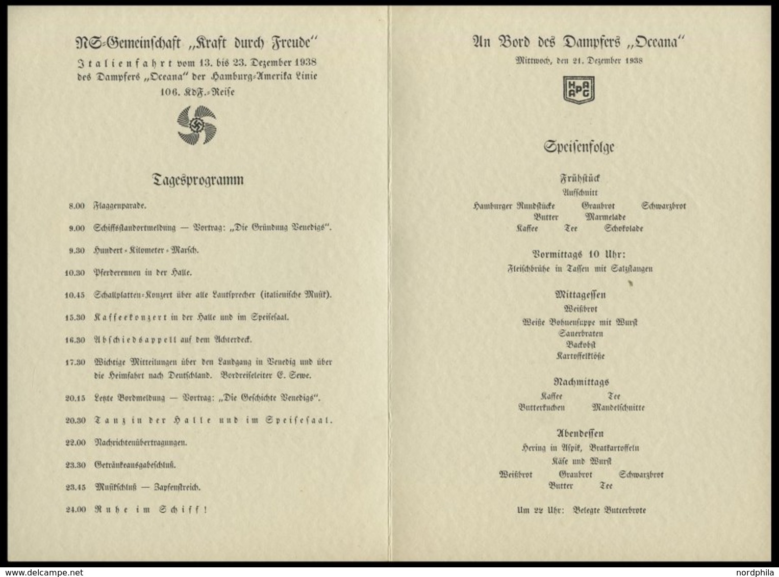 DEUTSCHE SCHIFFSPOST 1938, KDF- Tagesveranstaltungskarte Vom 24. 12., Inklusive Speisenfolge Von Bord Der OCEANA , Feins - Maritiem