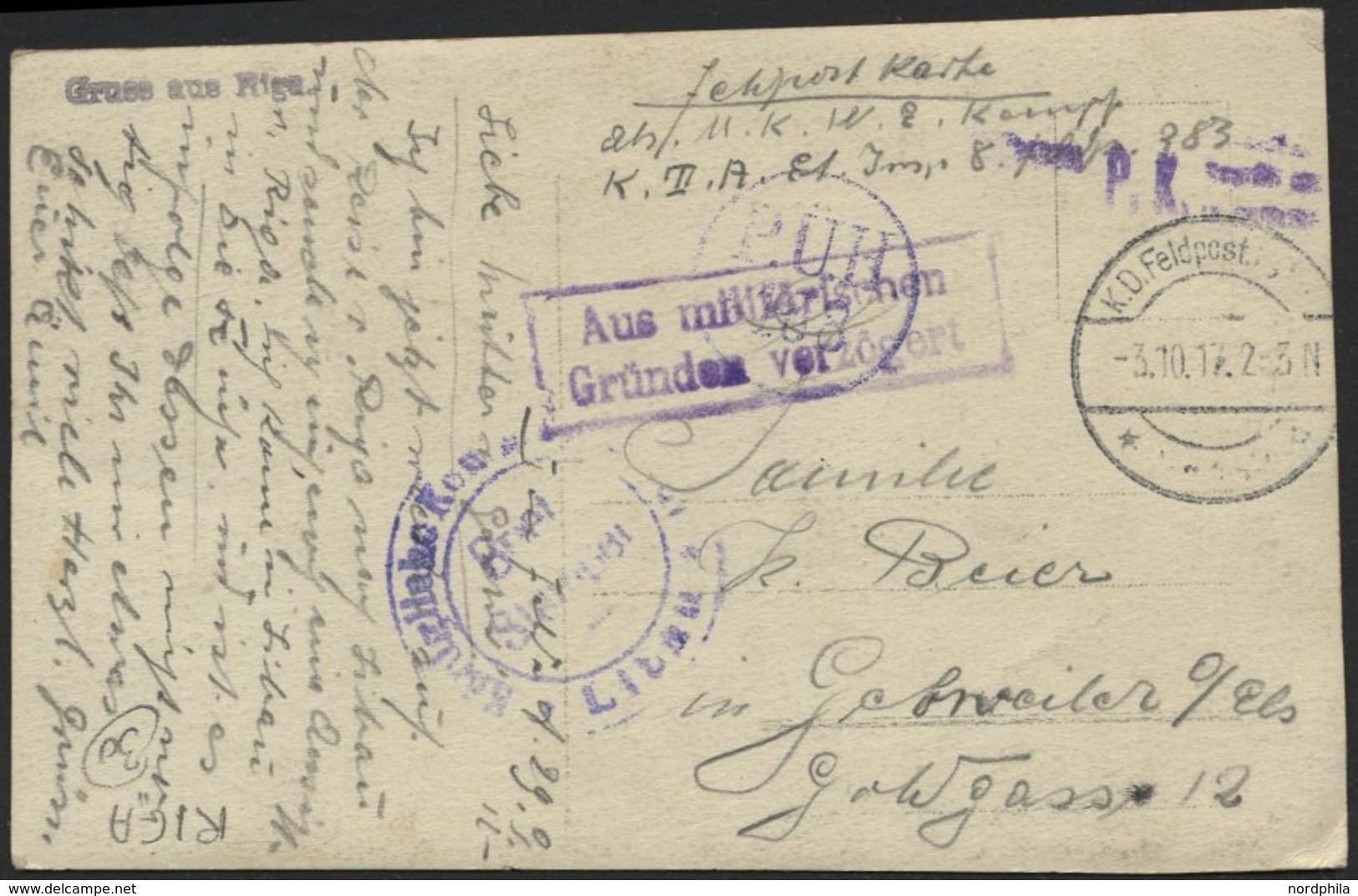 DT. FP IM BALTIKUM 1914/18 Feldpoststation Nr. 161, 3.10.17, Mit Ausgestanztem Stempel K.D. FELDPOST * B Auf Ansichtskar - Letland