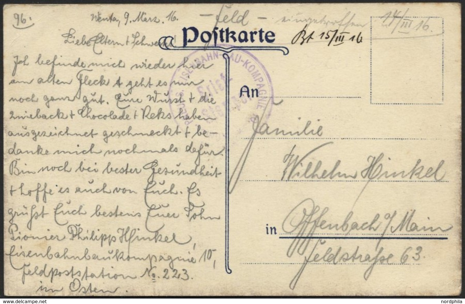 DT. FP IM BALTIKUM 1914/18 Feldpoststation Nr. 223, 15.3.16 (handschriftlich, Ohne Feldpoststempel), Auf Farbiger Gruß A - Lettonia