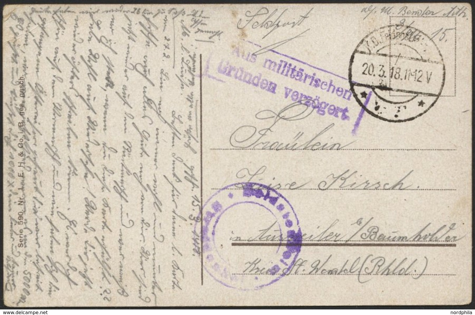 LETTLAND Feldpoststation Nr. 383, 20.3.18, Mit Aptiertem Stempel K.D. FELDPOST ** Auf Farbiger Kitschkarte (Ulanengrüße- - Lettonie